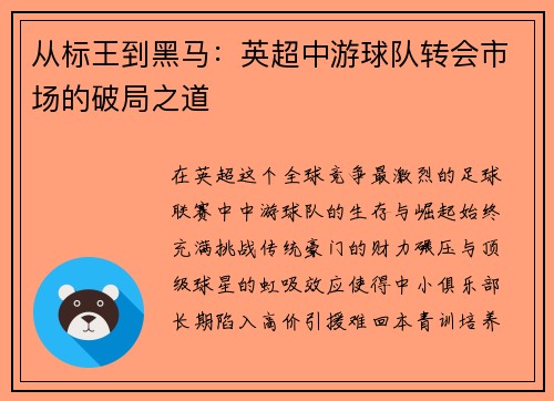 从标王到黑马：英超中游球队转会市场的破局之道
